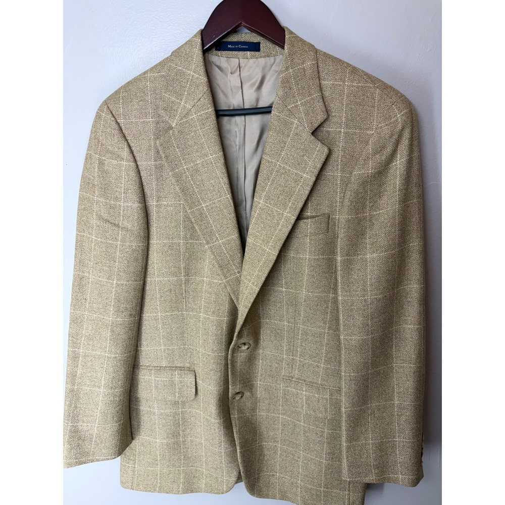 Ralph Lauren Silk Wool Linen Windowpane Sport Coat Tan Blazer 38R Made in Canada